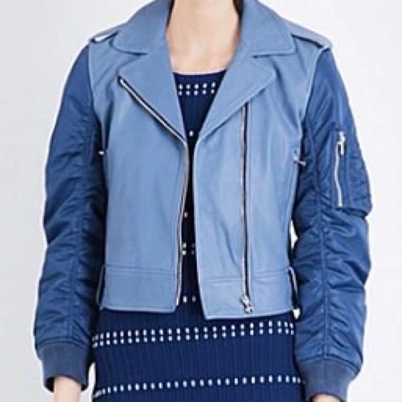 Sandro Blue Goat Leather Coat Biker Moto Bomber Jacket with Pleated Sleeves - Picture 3 of 16